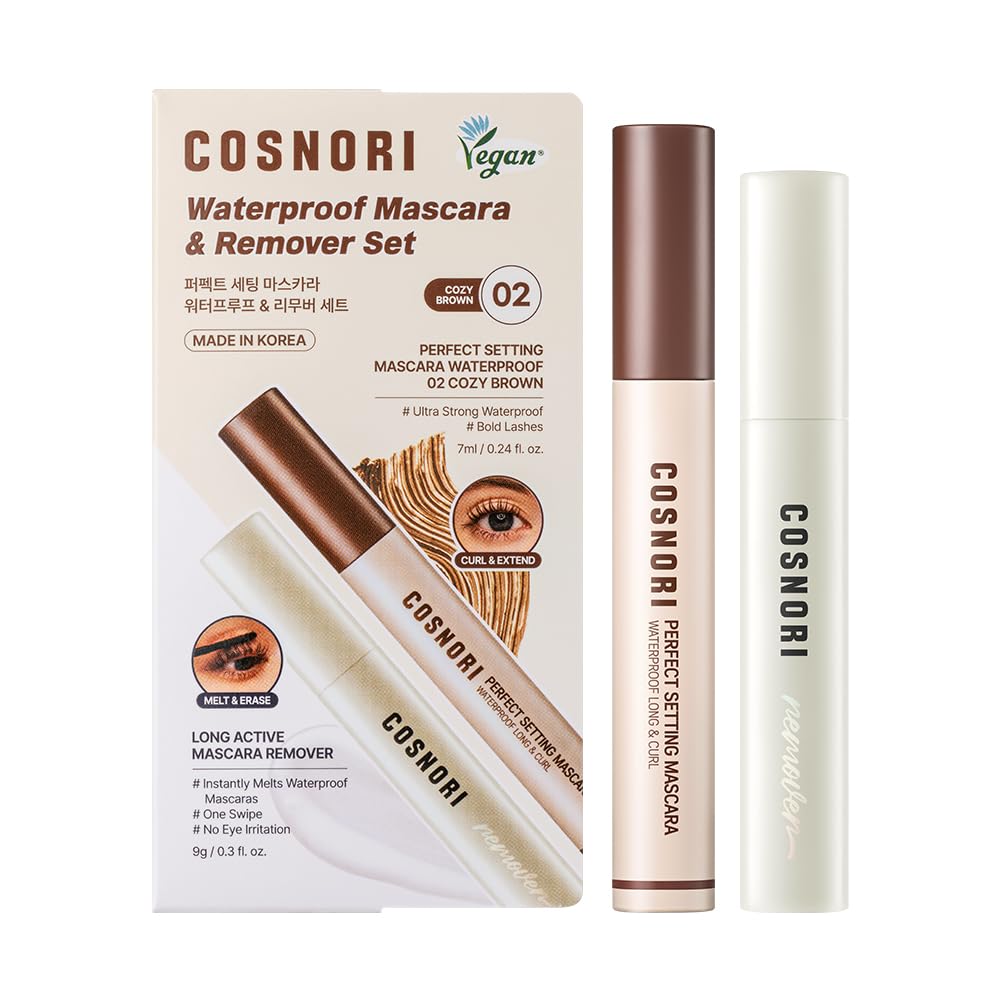 COSNORI Perfect Setting Waterproof Mascara Long&Curl 02 Cozy Brown – Natural Defined Lashes with Long-Lasting Curl Hold, Brown Mascara, Soft Definition for Blue & Green Eyes, 0.23fl oz