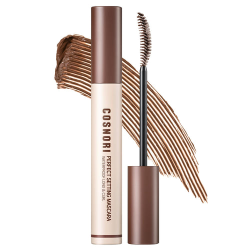COSNORI Perfect Setting Waterproof Mascara Long&Curl 02 Cozy Brown – Natural Defined Lashes with Long-Lasting Curl Hold, Brown Mascara, Soft Definition for Blue & Green Eyes, 0.23fl oz
