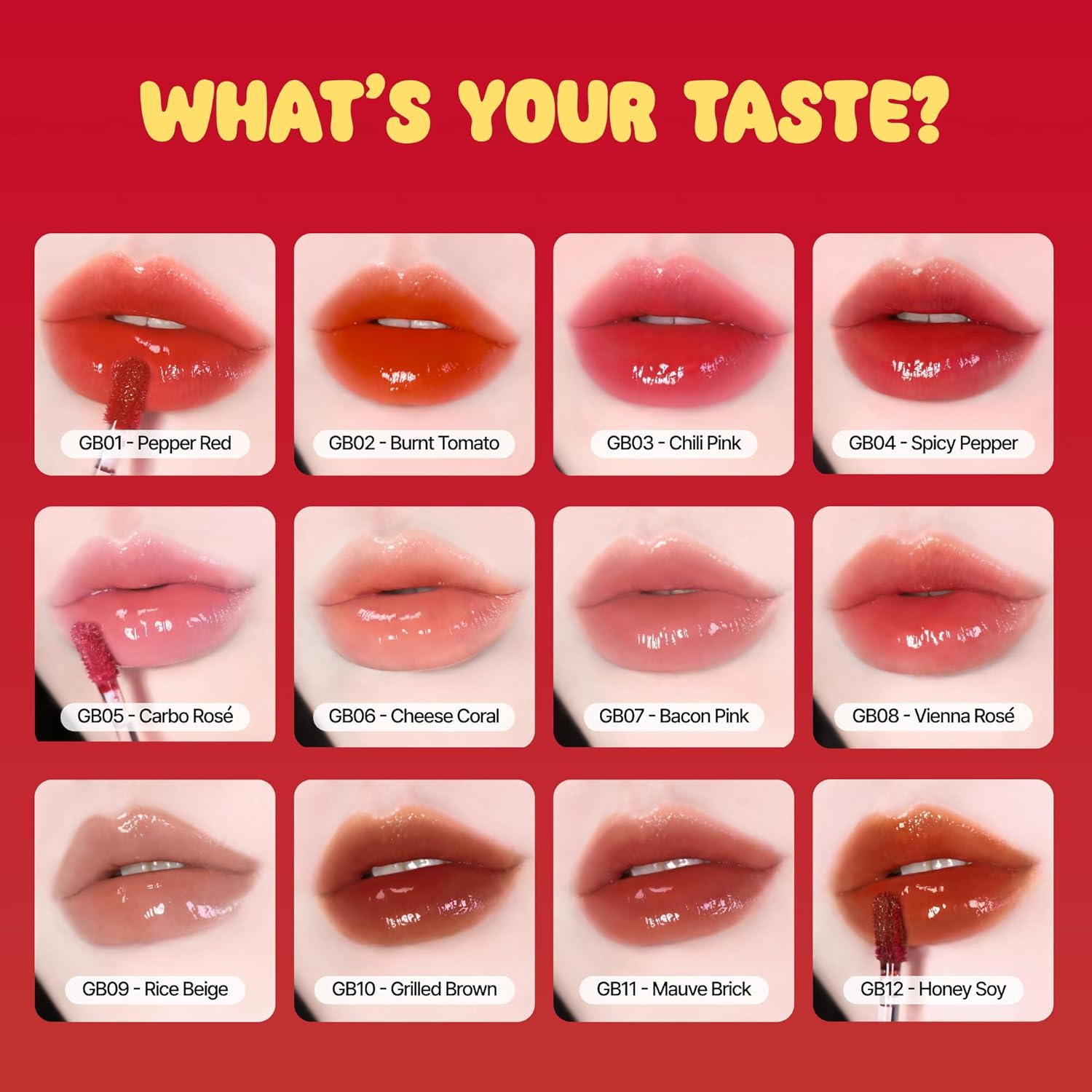 BLACK ROUGE Glow Bokki Tint, GB01 Pepper Red – Korean Lip Tint Inspired by Tteokbokki, Non-Sticky Long-Lasting Lip Stain with Glossy Finish, Cute Stickers – Original Red, Rose, Soy
