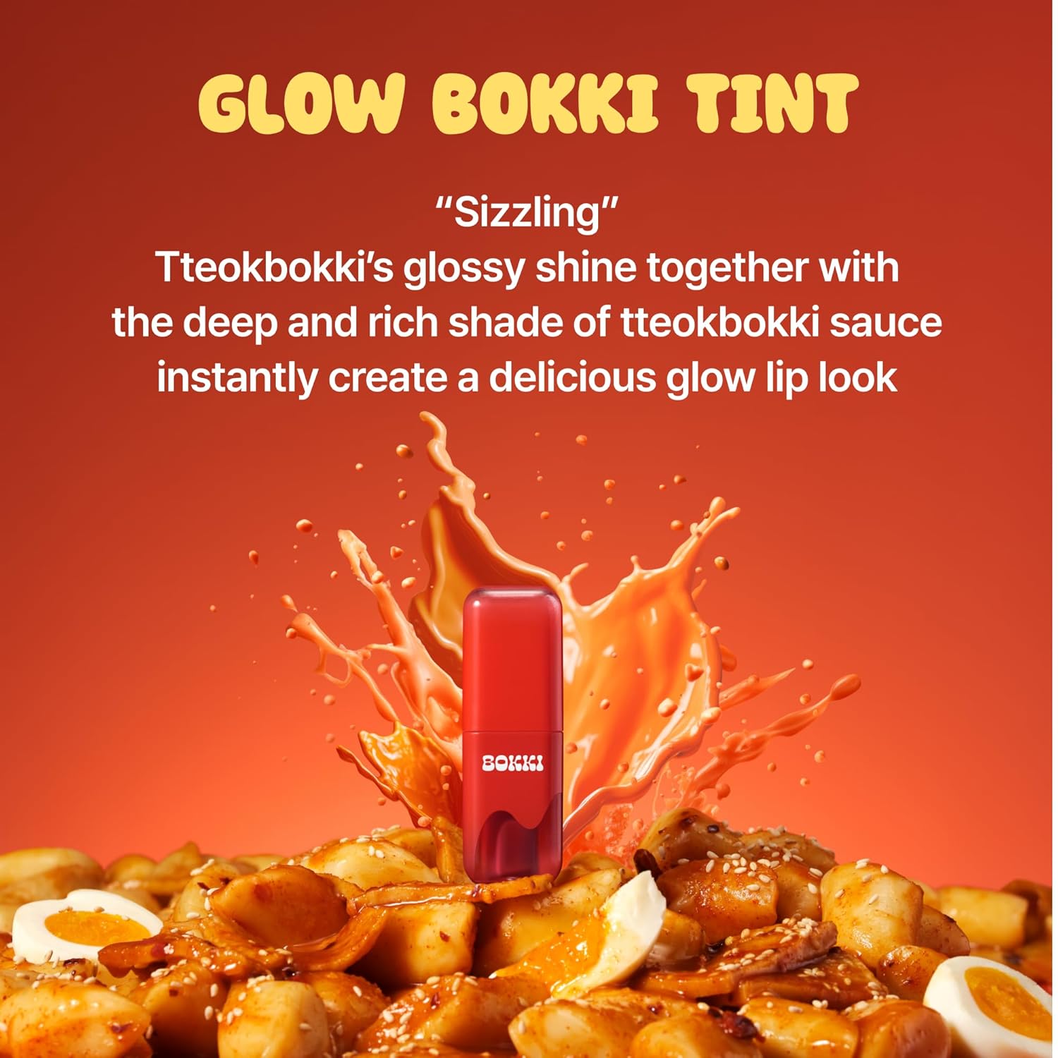 BLACK ROUGE Glow Bokki Tint, GB01 Pepper Red – Korean Lip Tint Inspired by Tteokbokki, Non-Sticky Long-Lasting Lip Stain with Glossy Finish, Cute Stickers – Original Red, Rose, Soy