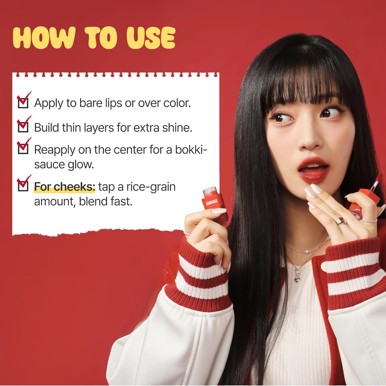 BLACK ROUGE Glow Bokki Tint, GB01 Pepper Red – Korean Lip Tint Inspired by Tteokbokki, Non-Sticky Long-Lasting Lip Stain with Glossy Finish, Cute Stickers – Original Red, Rose, Soy